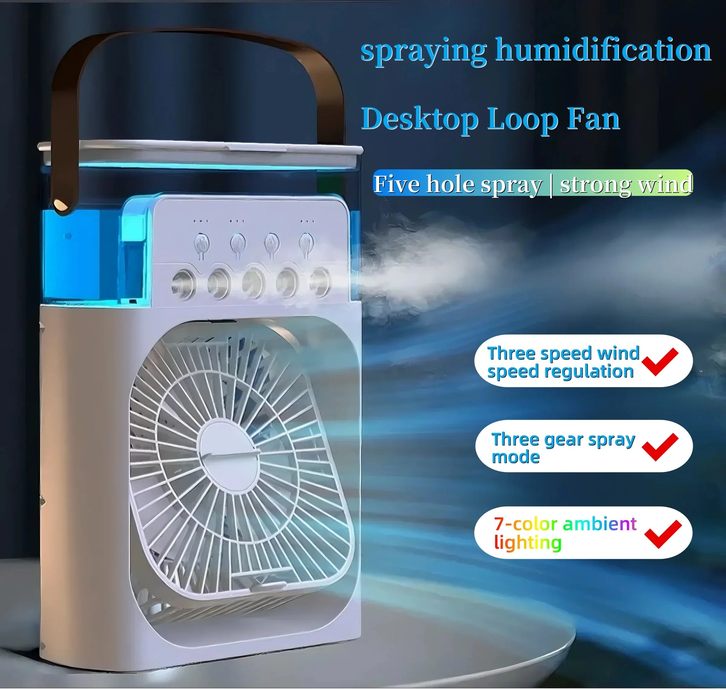 Portable cooling fan, household three in one small air cooler, 7-color LED night light, 5-hole humidifier, 1-3 hour timer