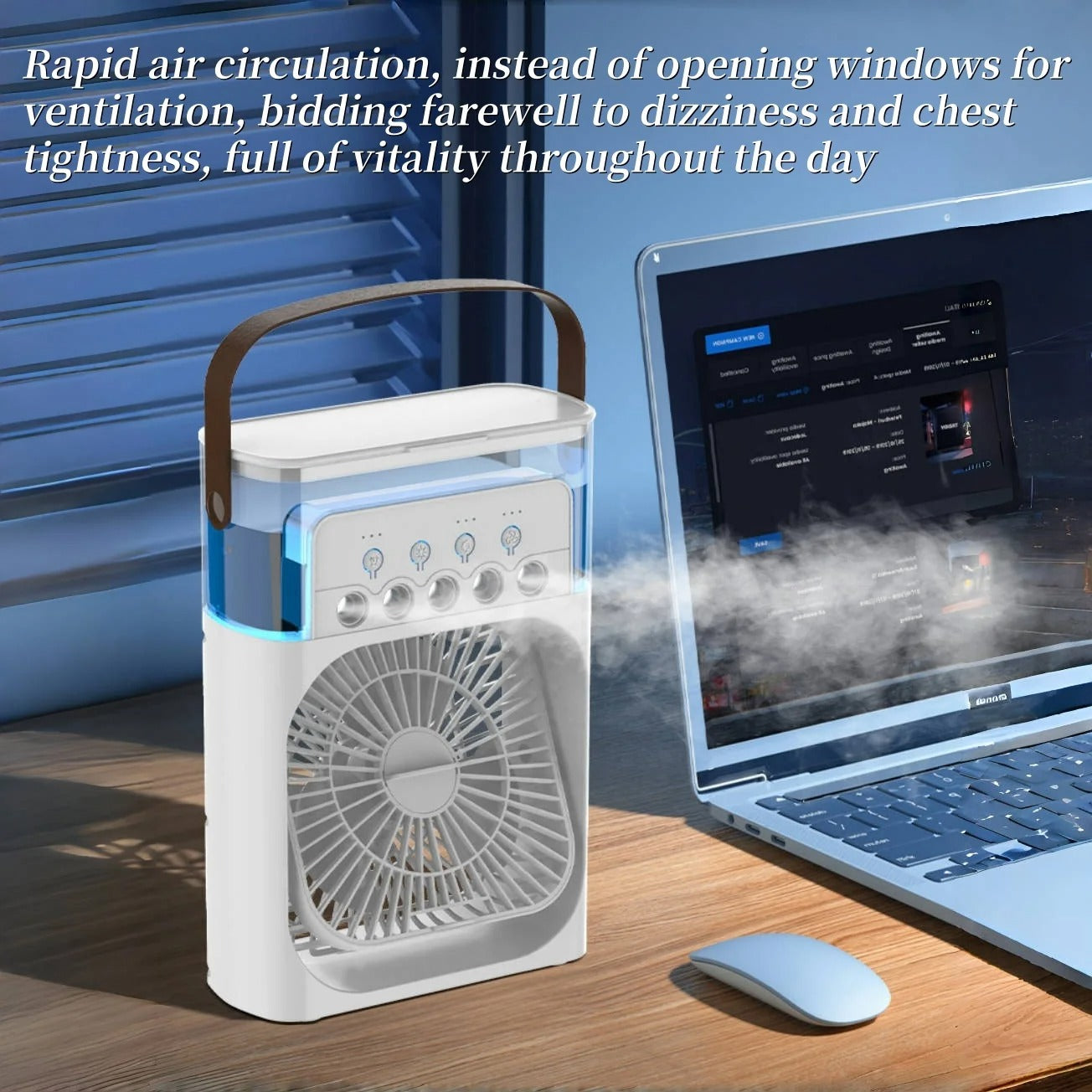 Portable cooling fan, household three in one small air cooler, 7-color LED night light, 5-hole humidifier, 1-3 hour timer