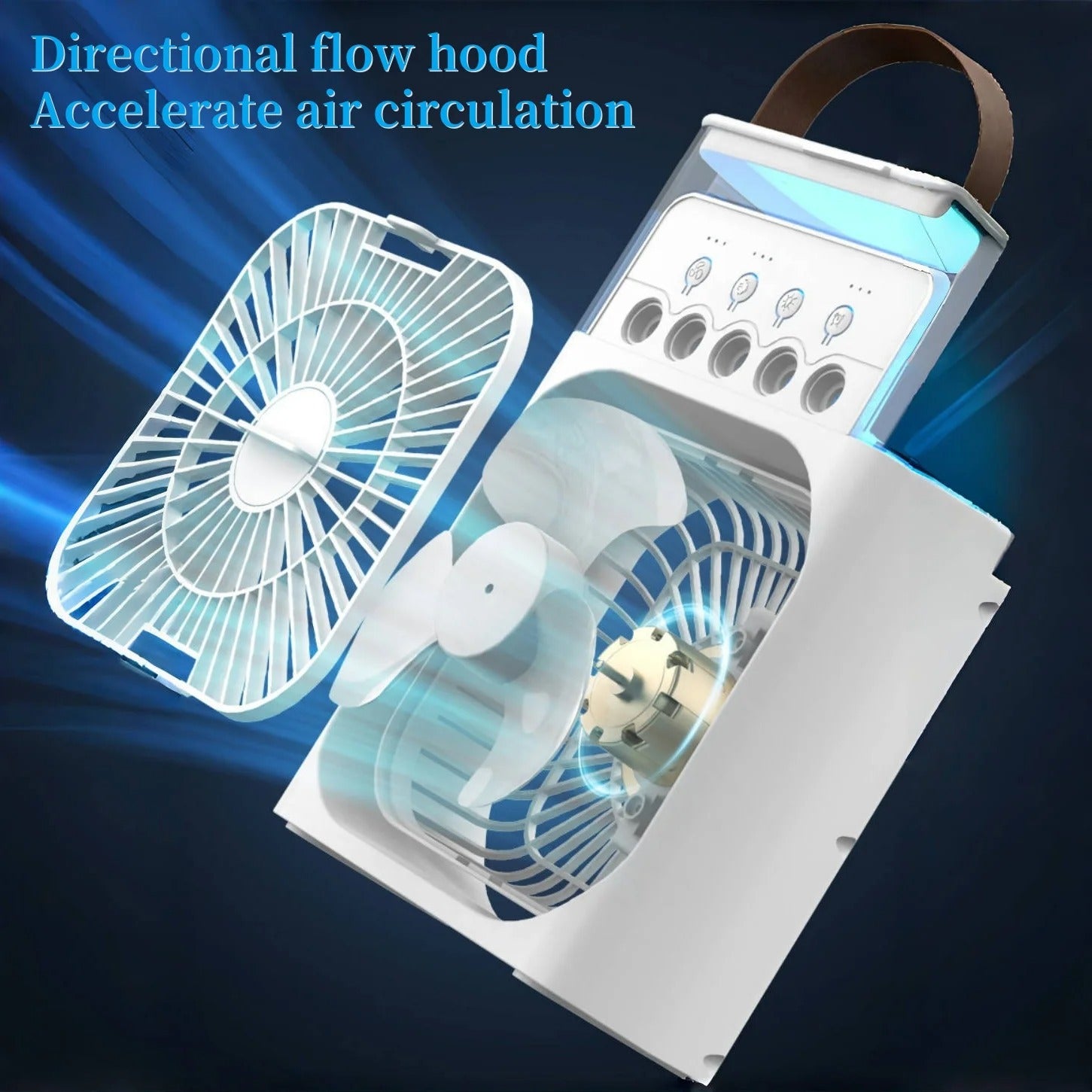 Portable cooling fan, household three in one small air cooler, 7-color LED night light, 5-hole humidifier, 1-3 hour timer